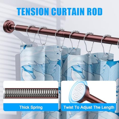 TEECK Shower Curtain Rod, 32-68 inch Adjustable Spring Tension Curtain Rod, Never Rust Anti-Slip Shower Curtain Rod for Bathroom, No Drilling, Never Collapse, Easy to Use, Brown