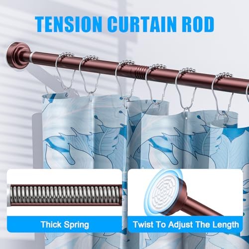 TEECK Shower Curtain Rod, 32-104 inch Adjustable Spring Tension Curtain Rod, Never Rust Anti-Slip Shower Curtain Rod for Bathroom, No Drilling, Never Collapse, Easy to Use, Brown