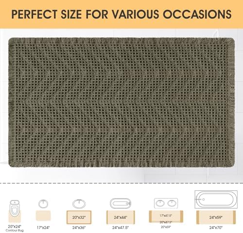 Upgrade Waffle Bath Mat, 36"x24" Greyish Green, Boho Bathroom Rug Absorbent Non Slip, Ultra Soft Bathroom Mat, Machine Washable Knit Bath Rugs with Herringbones for Bathroom, Bedroom, Kitchen, Shower
