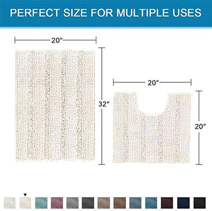 H.VERSAILTEX Bathroom Rugs Bath Rug Set 2 Piece Bathroom Contour Rug Toilet Mat Sets Non Slip Contour Bath Rug Ultra Thick Water Absorbent Striped Bath Mats Washable(20" x 32" Plus 20" x 20" U, Ivory)