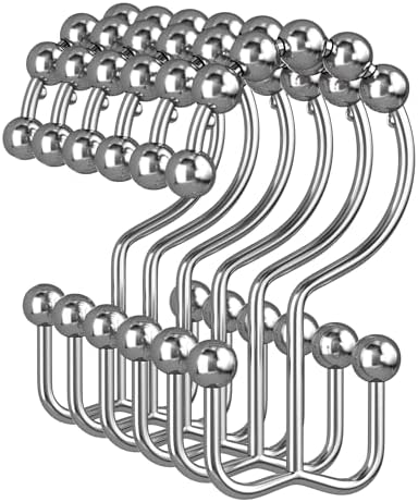 Amazer Shower Curtain Rings, Rust-Resistant Metal Double Shower Hooks for Curtain Rolling Shower Curtain Hooks Rings Shower Rings for Bathroom Shower Curtain Rod, Chrome, Set of 12 Rings