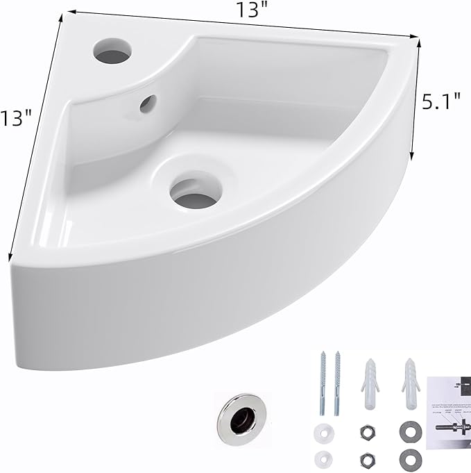 Wall Mount Corner Bathroom Sink, QISHKA 13" X 13" Triangle Floating Ceramic Wash Hand Basin Small White Wall Mount Vanity Sink with Single Faucet Hole and Overflow