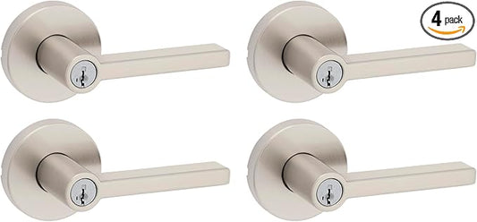 Kwikset Halifax Entry Door Handle with Lock and Key, Secure Keyed Reversible Lever Exterior, for Front Entrance and Bedrooms, Satin Nickel, 4 Pack, Pick Resistant SmartKey Rekey Security and Microban