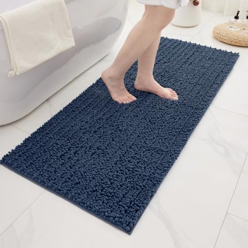 Bathroom Rugs Non Slip Washable 44x24, Extra Thick Soft Chenille Absorbent Bath Mat, High Density Barrier Non Slip Backing, Quick Dry Plush Shaggy Floor Carpet for Tub&Shower, Blue