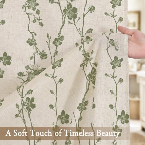 Sage Green Farmhouse Linen Shower Curtain, Boho Floral Fabric, 72 x 78