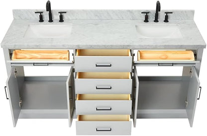 DKB Isabella 72 Inch Bathroom Vanity Double Sink — Grey Bathroom Vanity with Sink, 1.5" Edge Italian Carrara Marble Countertop & Backsplash, 4 Soft-Close Doors, 4 Dovetail Drawers, and 2 Tilt Drawers