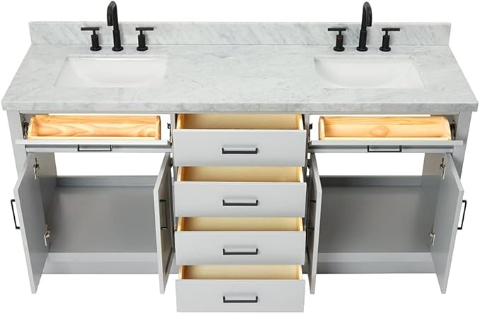 ARIEL Hepburn 72-inch Bathroom Vanity with Sink,Solid Wood, 1.5-inch Italian Carrara Marble Countertop, Double Rectangular Porcelain Sink, 4 Soft Closing Doors, 6 Dovetail Drawers, Grey