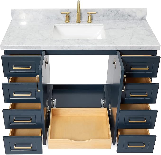 Emilia 48-Inch Bathroom Vanity with Sink — Midnight Blue Single Sink Bathroom Vanity, 1.5" Edge Italian Carrara Marble Top, Solid Wood, 2 Soft Closing Doors, 9 Dovetail Drawers