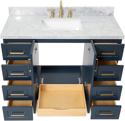 Emilia 48-Inch Bathroom Vanity with Sink — Midnight Blue Single Sink Bathroom Vanity, 1.5" Edge Italian Carrara Marble Top, Solid Wood, 2 Soft Closing Doors, 9 Dovetail Drawers