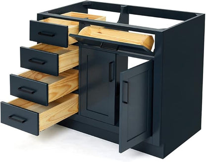 ARIEL Hepburn 42-inch Bathroom Vanity Base Cabinet,Solid Wood, 2 Soft Closing Doors, 5 Dovetail Drawers, Midnight Blue
