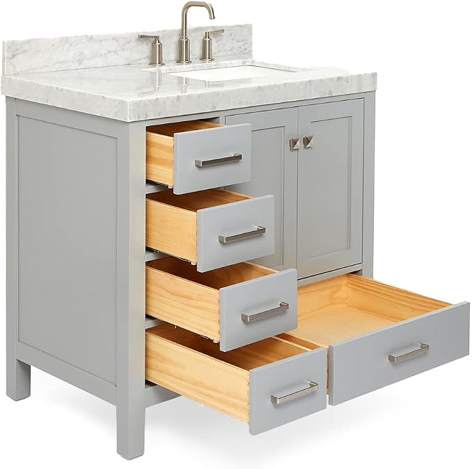 ARIEL Cambridge 36-inch Bathroom Vanity with Sink,Solid Wood, 2-inch Italian Carrara Marble Countertop, Single Rectangular Porcelain Sink, 2 Soft Closing Doors, 5 Dovetail Drawers, Grey