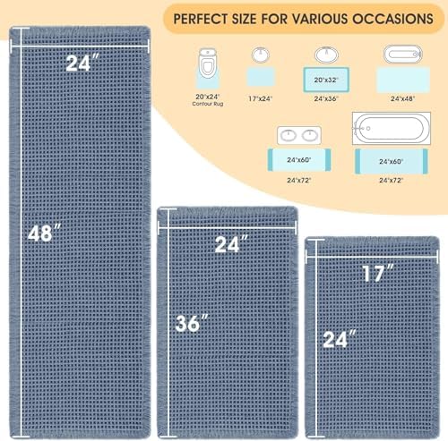 IM HOME Waffle Bath Mat Set 3 Piece Blue,Woven Modern Bath Rug Mats, Absorbent Non Slip Bath Floor Mat, Soft Washable Boho Bath Rugs with Tassels for Bathroom, Bedroom, Kitchen, Tub