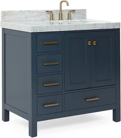 ARIEL Cambridge 36-inch Bathroom Vanity with Sink,Solid Wood, 2-inch Italian Carrara Marble Countertop, Single Rectangular Porcelain Sink, 2 Soft Closing Doors, 5 Dovetail Drawers, Midnight Blue