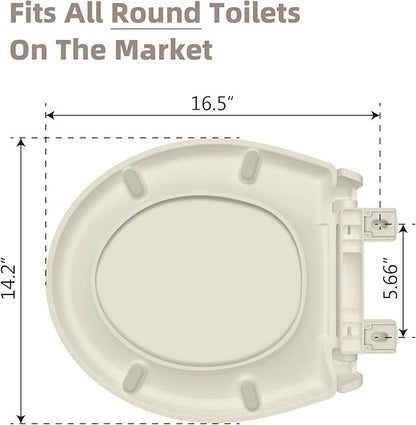 Round Toilet Seat, Slow Close Quick-Release Hinges, Heavy Duty Soft Close, Quiet-Close Lid And Seat For Standard Toilets, Easy To Install And Clean, Never Loosen, Almond/Bone(16.5”)