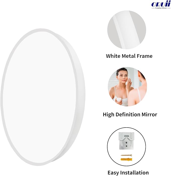 Small Round Mirror, 18 inch White Circle Mirror, White Metal Frame | High Definition, Waterproof, Rust-resistant, Circular Wall Mirrors for Bathroom, Bedroom, Vanity, Nursery, Kids, Wall Décor
