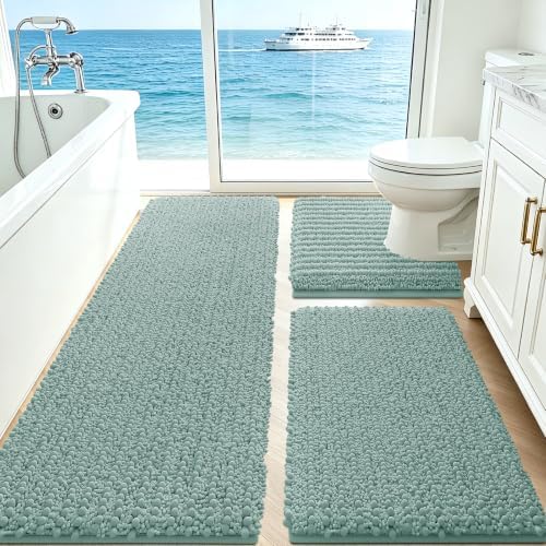 ACCUMTEK Upgrade Extra Eggshell Blue Bathroom Rug Set 3 Pieces Ultra Soft, Thick Absorbent Bath Mats, Non Slip Chenille Toilet Mat for Bathroom, Bedroom, Kitchen