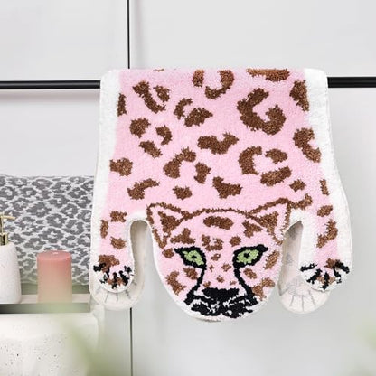 Panstar Cute Pink Leopard Bath Mat for Bathroom, Cute Cartoon Bath Mat Non Slip Animals Shaped Absorbent Bathtub Rug Bathroom Plush Shower Rugs