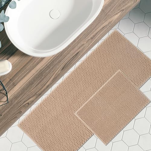 FRESHMINT Chenille Bath Rugs Set 2 Pieces, Beige, 17''x24''+20''x47''