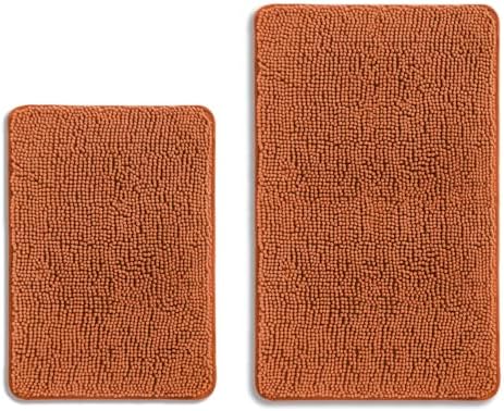 Burnt Orange Bathroom Rugs Sets 2 Piece – Absorbent and Washable Bath Mat, Non-Slip, Thick Soft Chenille Bath Rugs for Bathroom Floor, Shower, Sink - 17" x 24"+20" x 32"