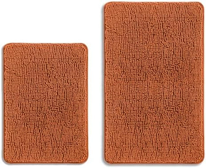 Burnt Orange Bathroom Rugs Sets 2 Piece – Absorbent and Washable Bath Mat, Non-Slip, Thick Soft Chenille Bath Rugs for Bathroom Floor, Shower, Sink - 17" x 24"+20" x 32"