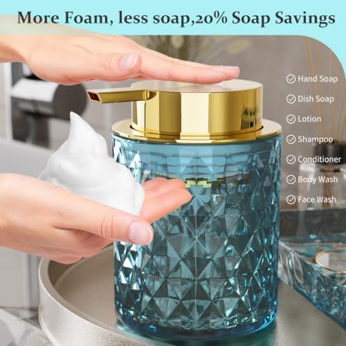 Glass Bathroom Accessories Set 5Pcs Crystal Teal, Foaming Soap Dispenser, Soap Dish, Cup, Acrylic Toothbrush Holder with Tray Organizer, Cotton Swab Jar, Bathroom Counter Set Sink Decor