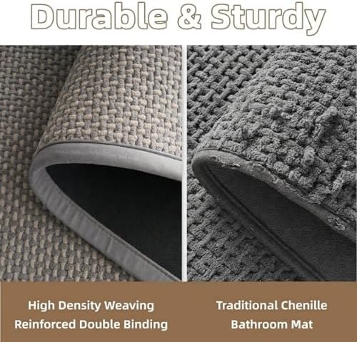 PADOOR-Bath Mat Runner-Super Absorbent Chenille Bathroom Mats-Rubber Backed Bath Mats for Bathroom Non Slip, Easy Clean Bathroom Runner Rugs Front of Bathtub,Shower Room,Sink-17×59 Grey&Beige