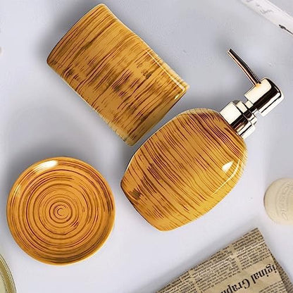 Bathroom Accessories Set, 3 Pcs Marble Look Bath Set Soap Dispenser & Toothbrush Holder Set, Counter Top Restroom Apartment Decor Stuff, Ceramic Kits, Unique Gift, Yellow