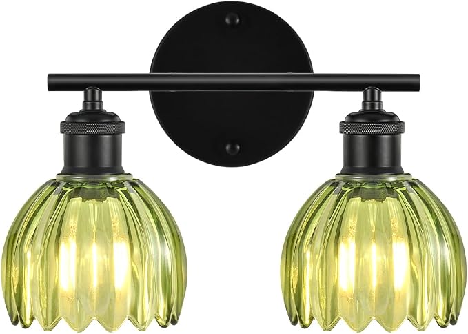 Bathroom Light Fixtures, 2-Light Black Vanity Lights for Bathroom with Green Tulip Glass Shade, 12" Vintage Bathroom Vanity Lighting Fixtures Over Mirror for Bedroom Living Room Hallway