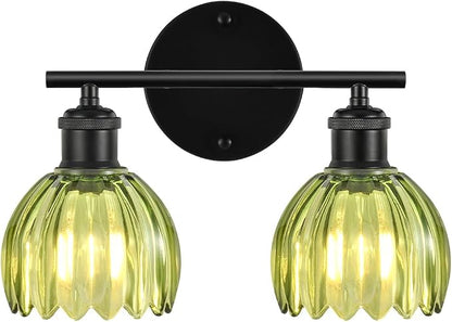 Bathroom Light Fixtures, 2-Light Black Vanity Lights for Bathroom with Green Tulip Glass Shade, 12" Vintage Bathroom Vanity Lighting Fixtures Over Mirror for Bedroom Living Room Hallway