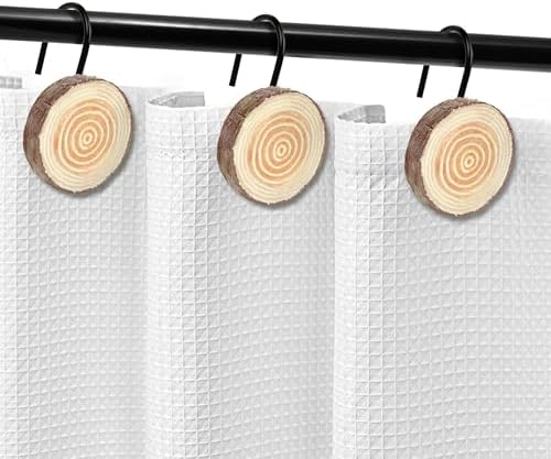 Sunlit Farmhouse Wooden Slices Shower Curtain Hooks, Rustic Home Decorative Shower Curtain Rings with Black Hooks for Bathroom, Resin Shower Curtain Hangers Bathroom Accessories, Set of 12, Brown