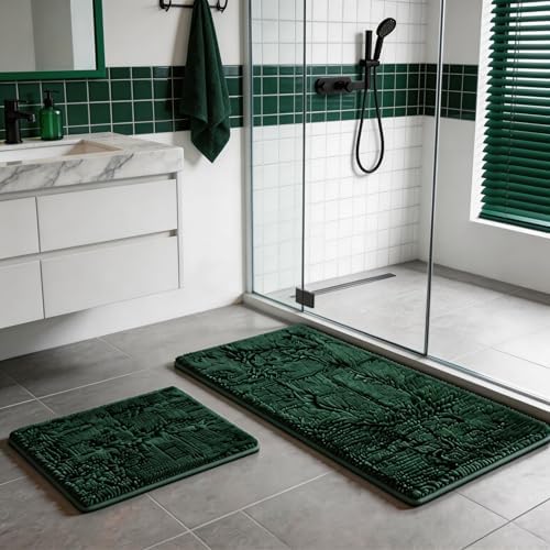 2 Piece Bath Rugs for Bathroom Non Slip - Soft Plush Shaggy Mats Floor, Indoor Entryway Extra Soft Chenille Bath Mat Absorbent Bathroom Rug（Dark Green）