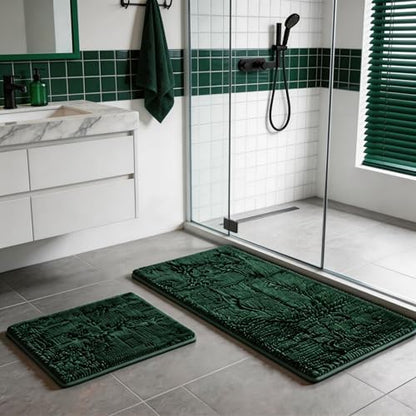 2 Piece Bath Rugs for Bathroom Non Slip - Soft Plush Shaggy Mats Floor, Indoor Entryway Extra Soft Chenille Bath Mat Absorbent Bathroom Rug（Dark Green）