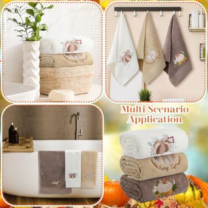 FuWeave 3 Pcs Brown White Fall Pumpkins Hand Towels for Bathroom