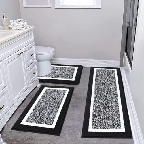 Pauwer Bathroom Rugs 3 Piece Set, Non Slip Washable Bath Mat, Black