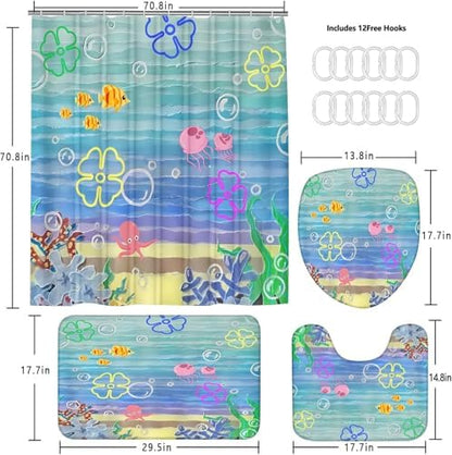 Yddsky 4PCS Kids Ocean Cartoon Shower Curtain Sets for Bathroom,72x72 Inch
