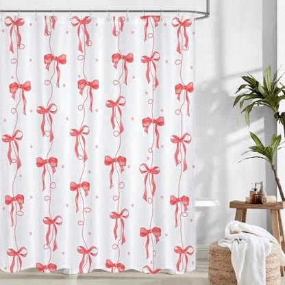 Red Bow Shower Curtain for Bathroom, Teen Girls Theme, 72x72 Inches