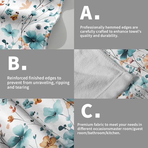 Teal Green Yellow Floral Hand Towels 14x28 Inch 2Pcs Watercolor Nature Flowers Absorbent Soft Fingertip Tea Towel Dish Washcloth for Sports Gym Yoga Kitchen Bathroom Home Decor
