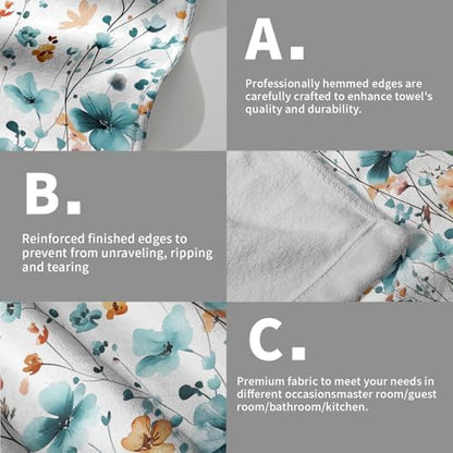 Teal Green Yellow Floral Hand Towels 14x28 Inch 2Pcs Watercolor Nature Flowers Absorbent Soft Fingertip Tea Towel Dish Washcloth for Sports Gym Yoga Kitchen Bathroom Home Decor