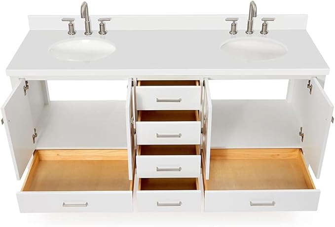 ARIEL Cambridge 72-inch Bathroom Vanity with Sink,Solid Wood, 1.5-inch Pure White Quartz Countertop & Backsplash, Double Oval Porcelain Sink, 4 Soft Closing Doors, 6 Dovetail Drawers, White