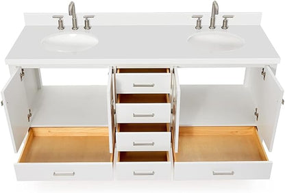 ARIEL Cambridge 72-inch Bathroom Vanity with Sink,Solid Wood, 1.5-inch Pure White Quartz Countertop & Backsplash, Double Oval Porcelain Sink, 4 Soft Closing Doors, 6 Dovetail Drawers, White