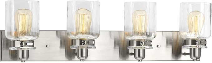 Progress Lighting P300048-009 Calhoun Collection Clear Glass Farmhouse Bath Vanity Light, 4-Light, Brushed Nickel