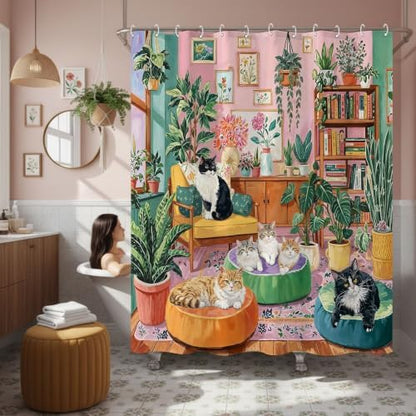 Boho Cute Cat Shower Curtain for Bathroom 72x72 Inch