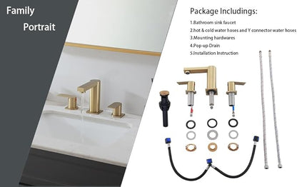 Gold Bathroom Faucet 3 Hole, Widespread Bathroom Faucet Brushed Gold, 2-Handles 8 Inch Centerset Bathroom Sink Faucets with Water Hoses and Drain Faucets for RV Bath Vanity Lavatory, RH079GVAL