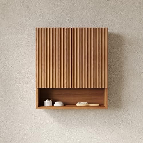USHOWER Brown Oak Bathroom Wall Cabinet with Fluted Doors & Open Shelf