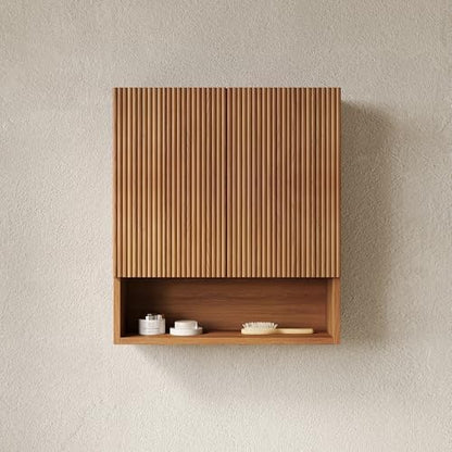 USHOWER Brown Oak Bathroom Wall Cabinet with Fluted Doors & Open Shelf