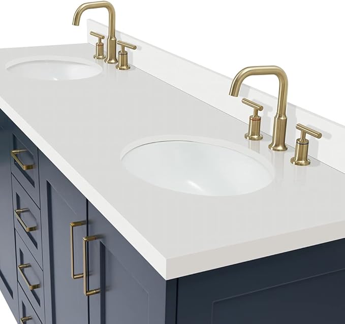 ARIEL Taylor 72-inch Bathroom Vanity with Sink,Solid Wood, 1.5-inch Pure White Quartz Countertop & Backsplash, Double Oval Porcelain Sink, 4 Soft Closing Doors, 6 Dovetail Drawers, Midnight Blue