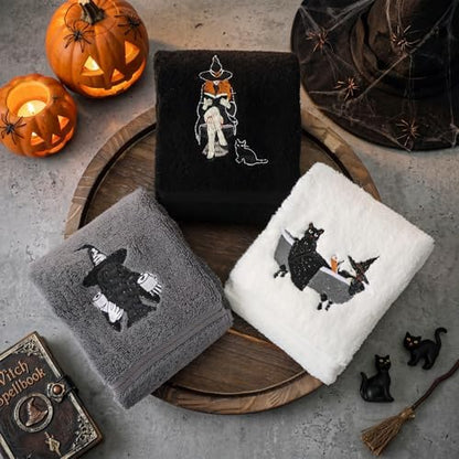 FuWeave 3 Pcs Black White Halloween Witch Hand Towels for Bathroom