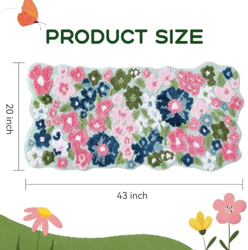 TRUEDAYS Wildflower Floral Runner Bathroom Rug - Cute Tufted Non Slip Soft Flower Shaped Bath Mat, Washable Farmhouse & Cottagecore Bathroom Decor - Aesthetic Rug for Vanity, Tub, Entryway