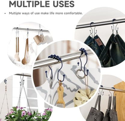 Bathway Shower Curtain Hooks, Shower Curtain Rings Rust Proof Navy Blue Double Hook Shower Curtain Hooks, 12 Pcs Shower Hooks for Shower Curtain, Shower Rings for Curtain, Metal Shower Rod Hooks