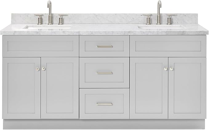 ARIEL Hamlet 72-inch Bathroom Vanity with Sink,Solid Wood, 1.5-inch Italian Carrara Marble Countertop & Backsplash, Double Rectangular Porcelain Sink, 4 Soft Closing Doors, 3 Dovetail Drawers, Grey